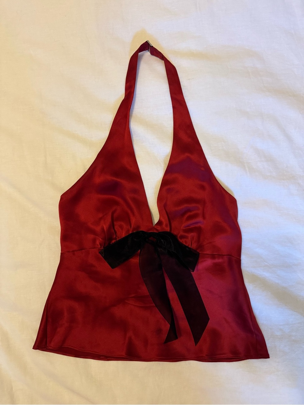 Reformation Red Satin Halter Top with Black Bow